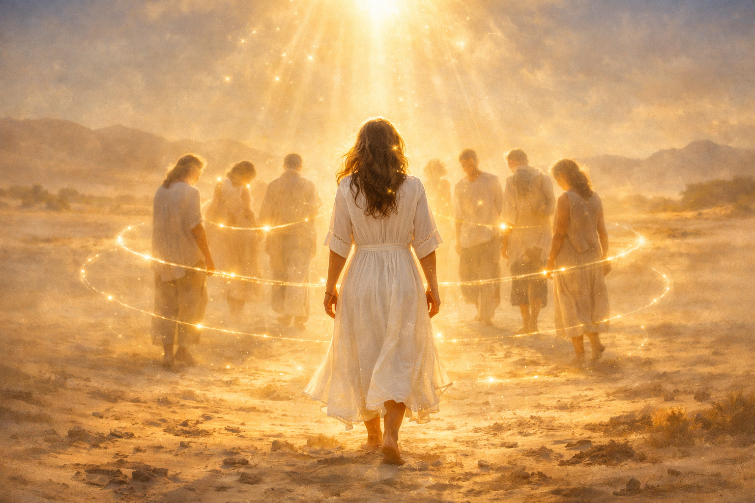 Philippine marchant dans le désert avec un groupe, enveloppés de lumière divine, évoquant une séance sacrée de QHHT et des mémoires de vie avec Jésus