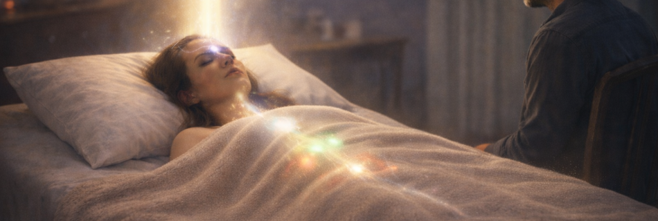 Philippine, patiente en séance de QHHT, allongée sur un lit, le praticien assis à côté, le Suconscient guidant le flux de lumière et d’énergie pour la guérison du corps et l’alignement des corps subtils.