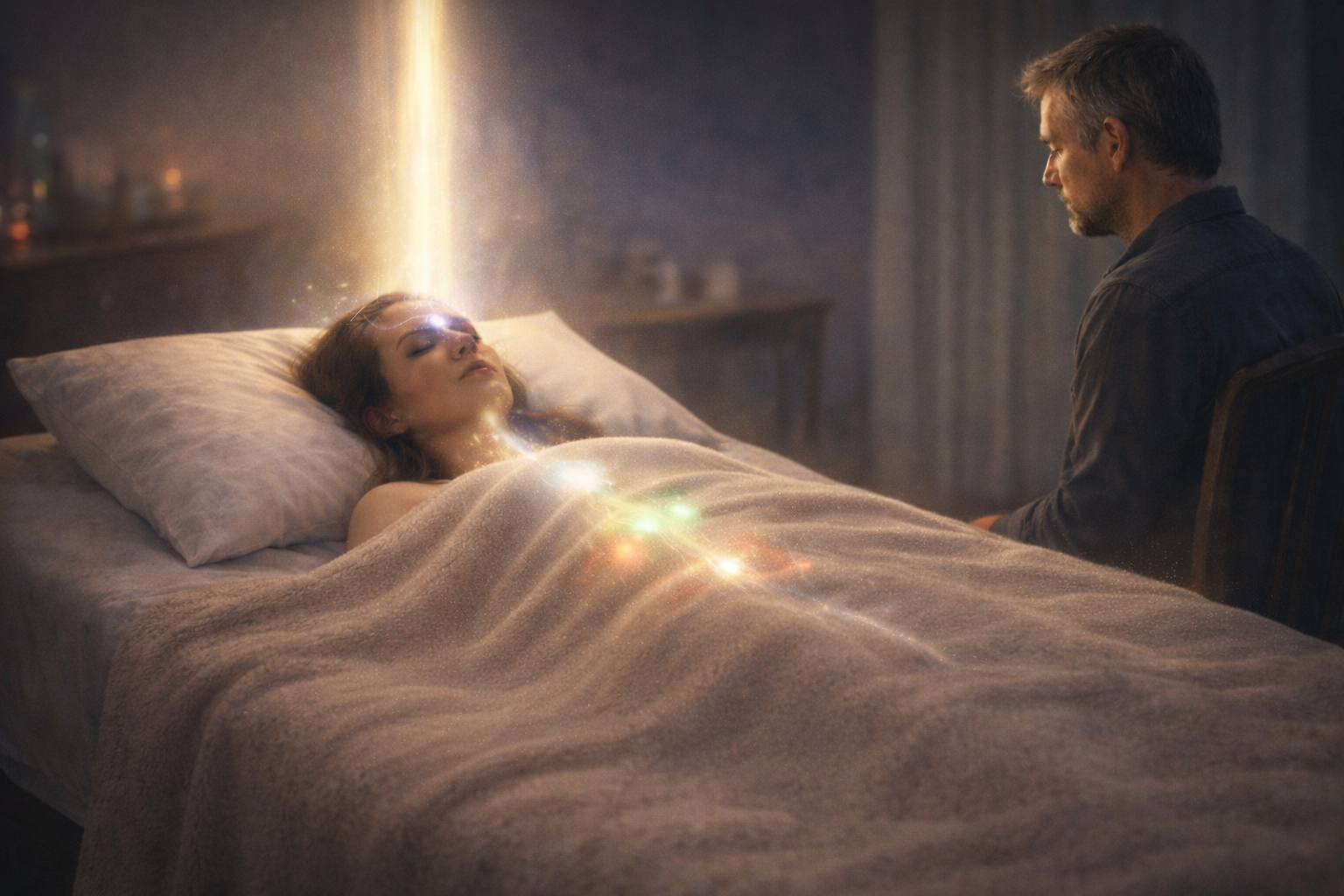 Philippine, patiente en séance de QHHT, allongée sur un lit, le praticien assis à côté, le Suconscient guidant le flux de lumière et d’énergie pour la guérison du corps et l’alignement des corps subtils.