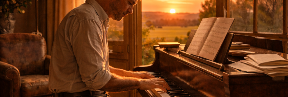 Homme des années 1940 jouant du piano dans un intérieur cossu à la campagne au coucher du soleil, ambiance contemplative et chaleureuse.