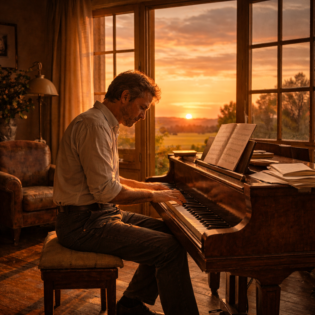 Homme des années 1940 jouant du piano dans un intérieur cossu à la campagne au coucher du soleil, ambiance contemplative et chaleureuse.