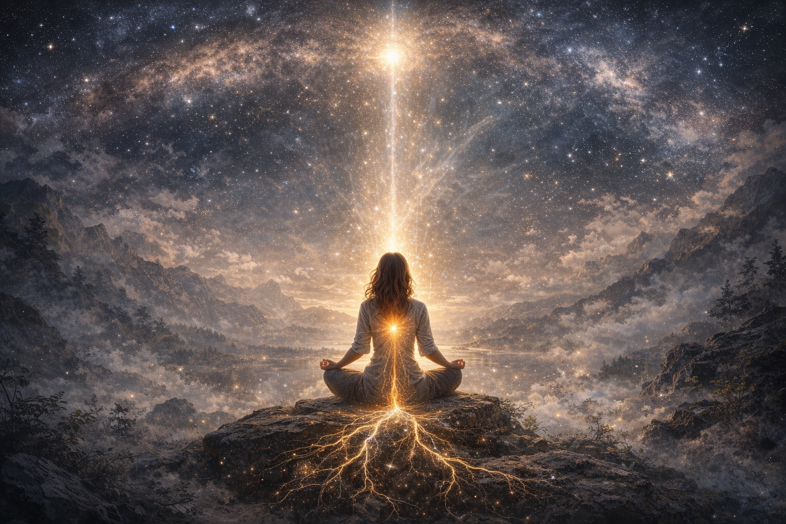 Illustration symbolique d’une connexion au Subconscient en séance QHHT, représentant l’ancrage, la lumière et la sagesse intérieure.