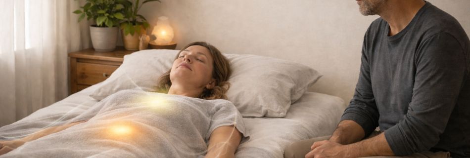 Illustration d’une séance de QHHT montrant Martine allongée, recevant une relaxation énergétique et un travail sur la circulation des chakras dans un cadre chaleureux et végétal.