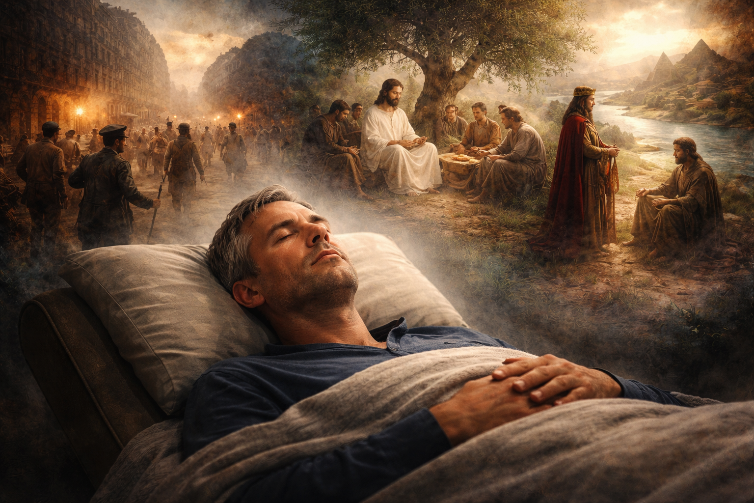 Michel allongé, yeux fermés, couvert d’une légère couverture, explorant ses vies passées lors d’une séance de QHHT, entouré de visions de contextes historiques et spirituels.