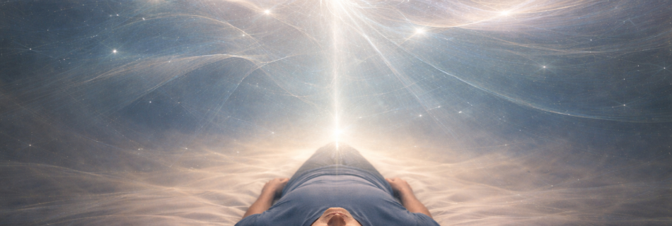 Homme en état d’hypnose profonde en séance QHHT, relié à une conscience supérieure lumineuse représentant le Subconscient