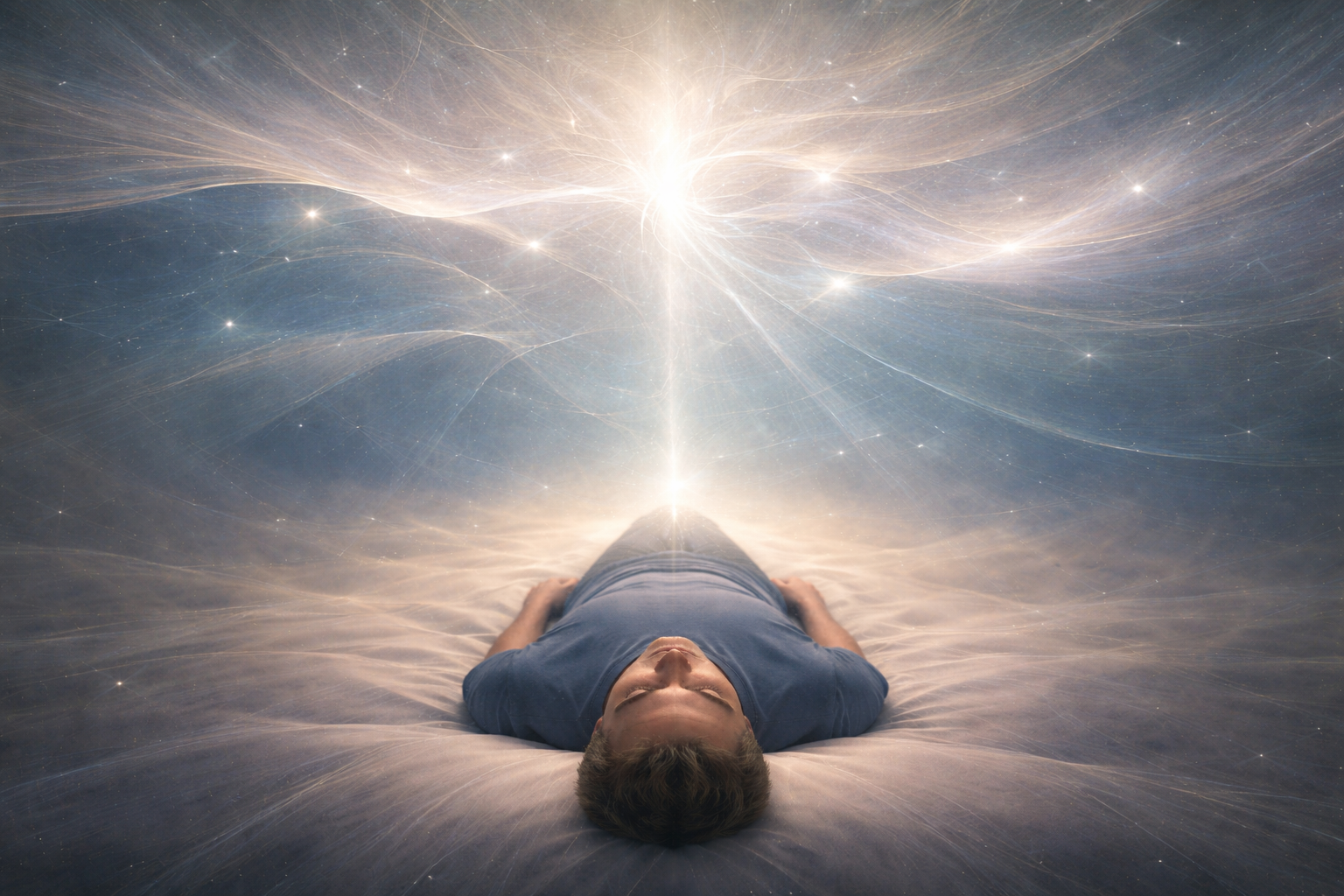 Homme en état d’hypnose profonde en séance QHHT, relié à une conscience supérieure lumineuse représentant le Subconscient