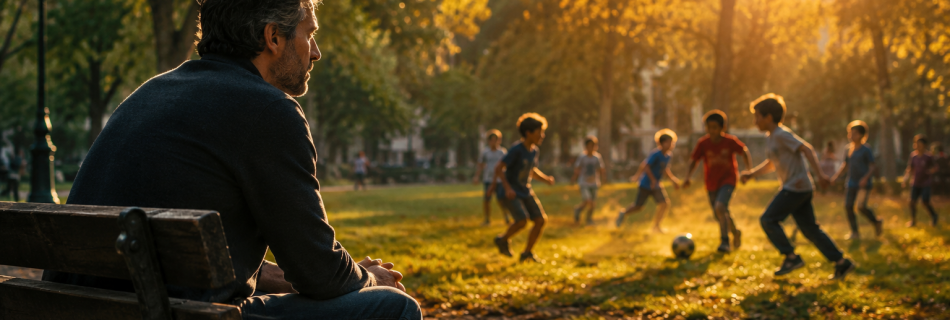 Homme en séance de QHHT dans un parc urbain, observant des enfants jouer au football, moment de transition intérieure entre solitude et reconnexion à la joie et au lien social