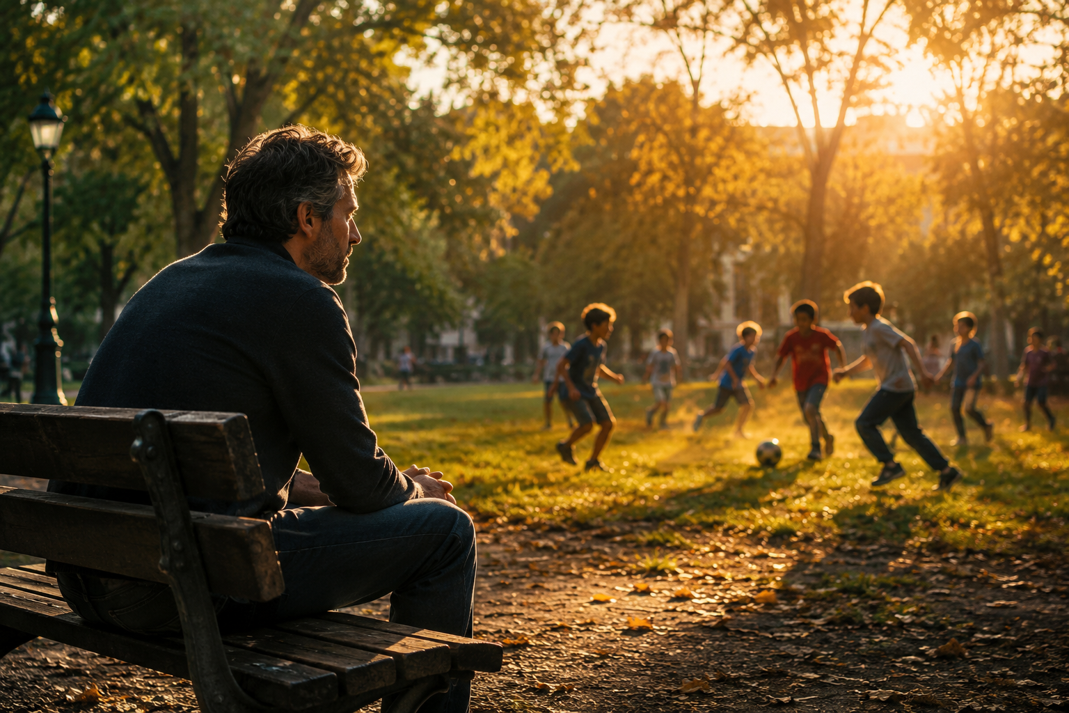 Homme en séance de QHHT dans un parc urbain, observant des enfants jouer au football, moment de transition intérieure entre solitude et reconnexion à la joie et au lien social